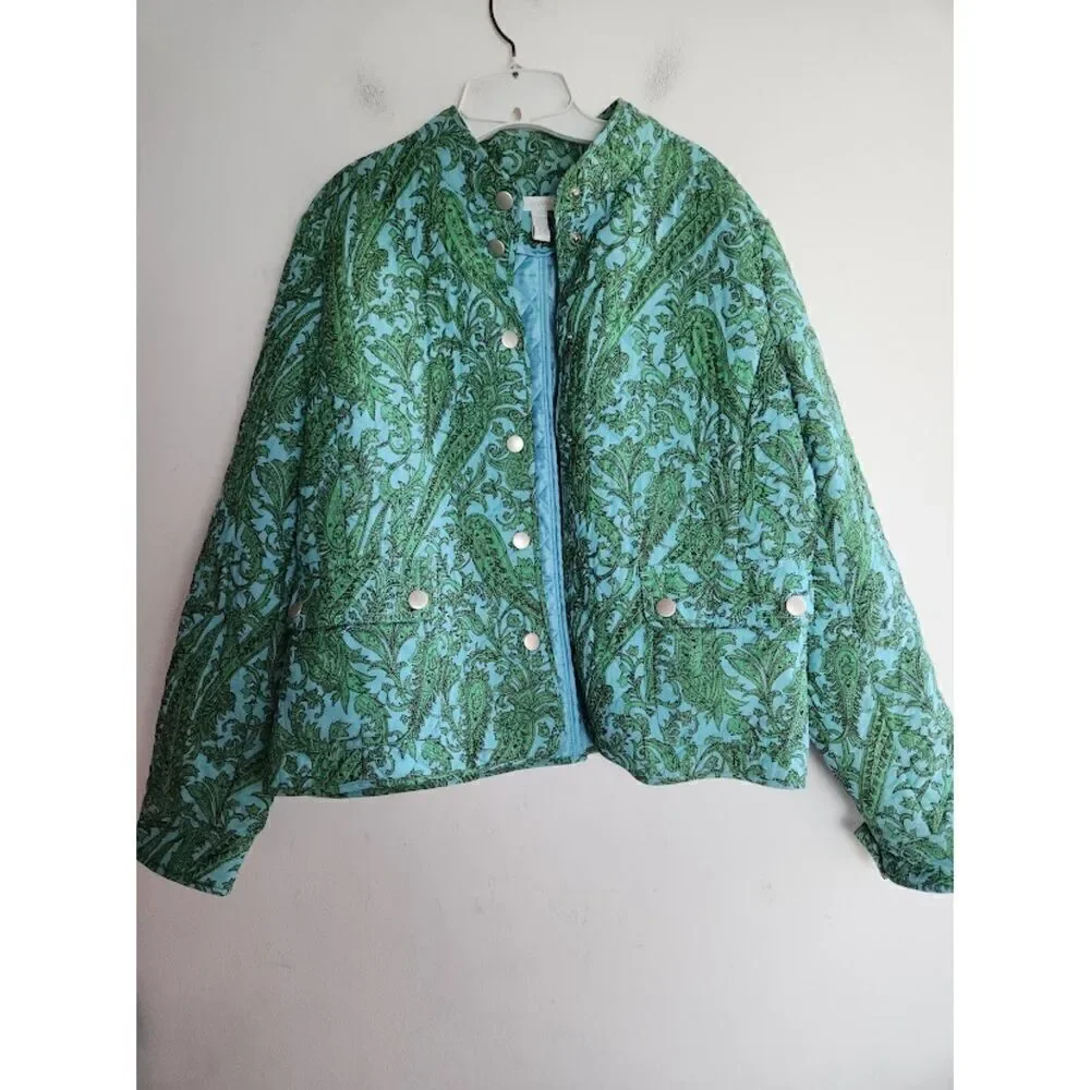 Charter Club Women Teal Green & Blue Floral Quilted Cotton Button Jacket size XL